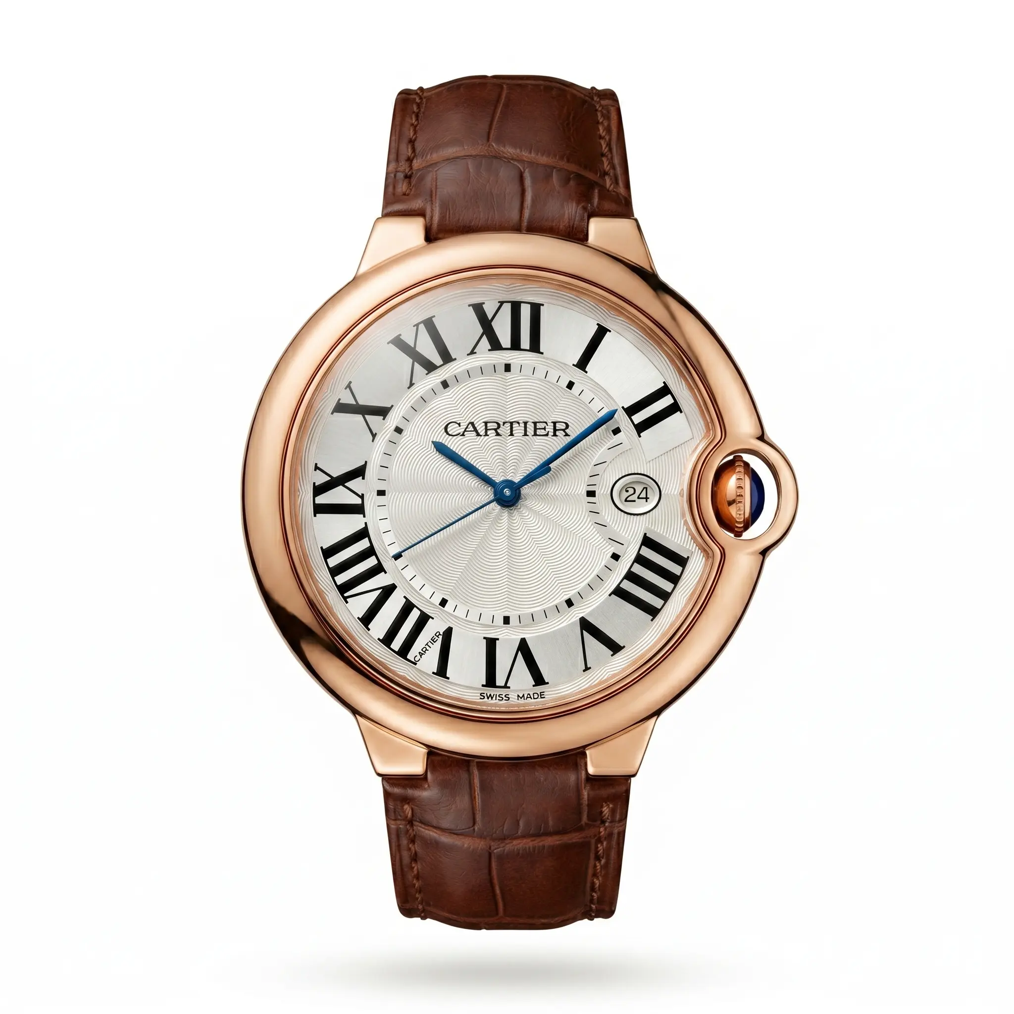 Cartier Ballon Bleu Rose Gold Kasa Gümüş Kadran Kahverengi Deri Kordon Erkek Saat