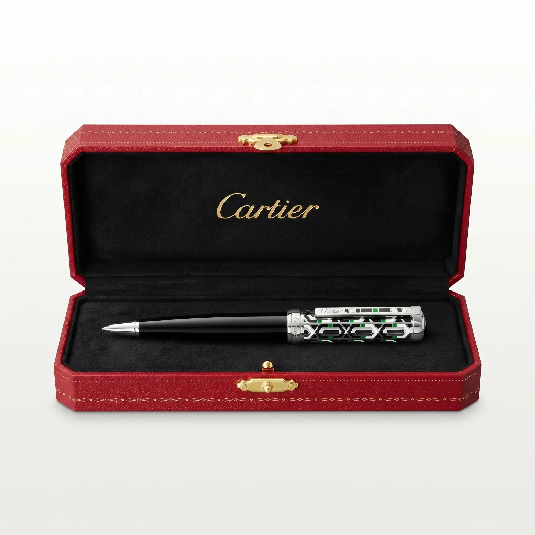 Cartier Diabolo Geometrik Desenli Yeşil Taş Detaylı Siyah Roller Kalem