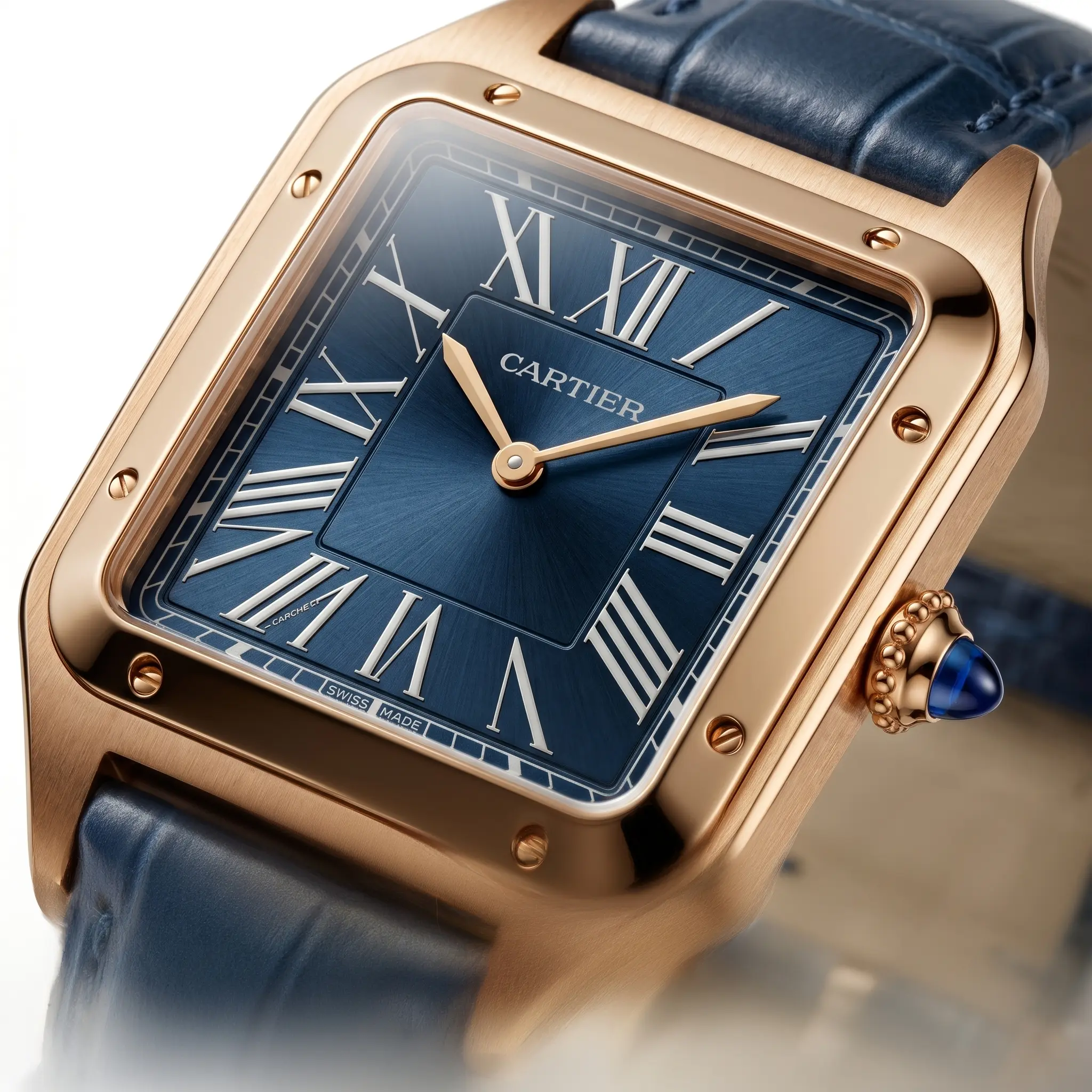 Cartier Santos Rose Kasa Lacivert Kadran Deri Kordon Erkek Saat
