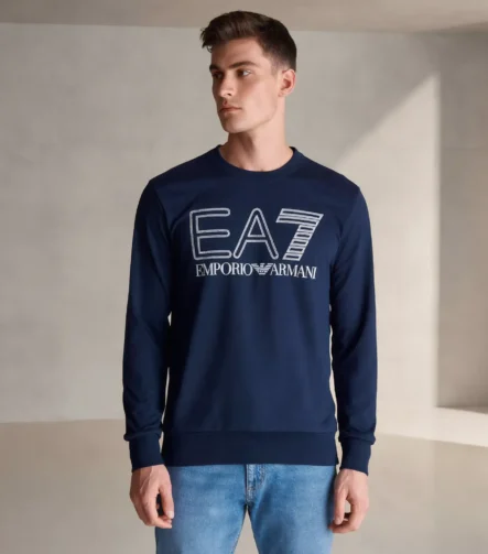 EA7 Emporio Armani Siyah Uzun Kollu Sweatshirt Logo Baskılı Pamuk Erkek