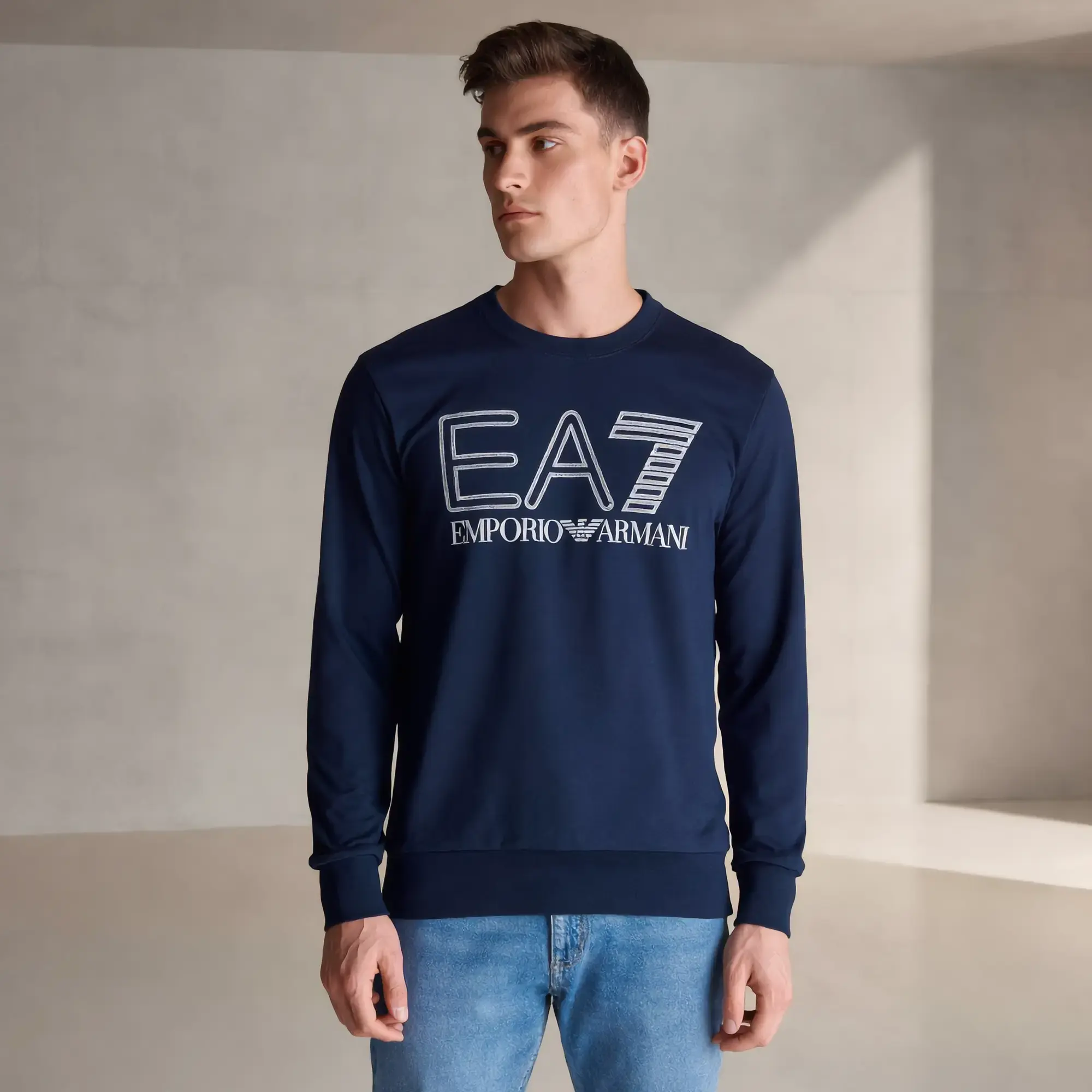 EA7 Emporio Armani Siyah Uzun Kollu Sweatshirt Logo Baskılı Pamuk Erkek