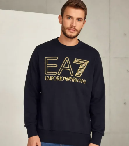 EA7 Emporio Armani Siyah Uzun Kollu Tişört Altın Logolu Pamuk Erkek