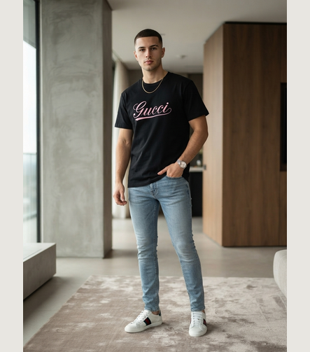 G Pembe Logo Baskılı Siyah Erkek Tişört