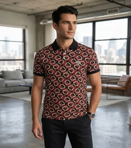 Moncler Kırmızı ve Bej 'M' Monogram Baskılı Polo Yaka Tişört %100 Pamuk